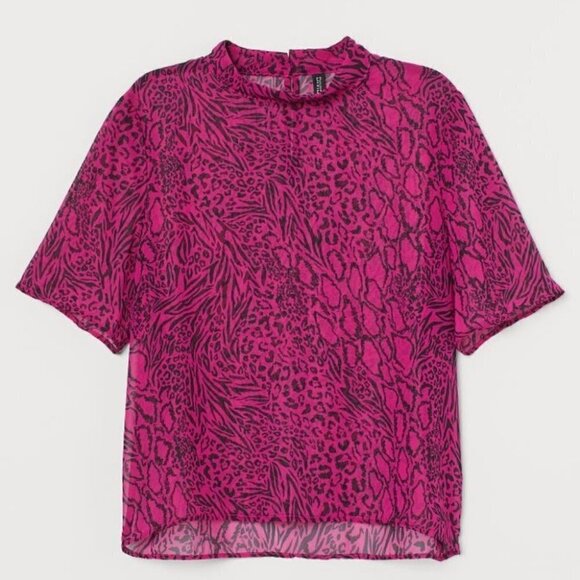 H&M Divided Womens Pink Sheer Mixed Animal Print Zebra Leopard Y2K Blouse Size 4 - Picture 1 of 9
